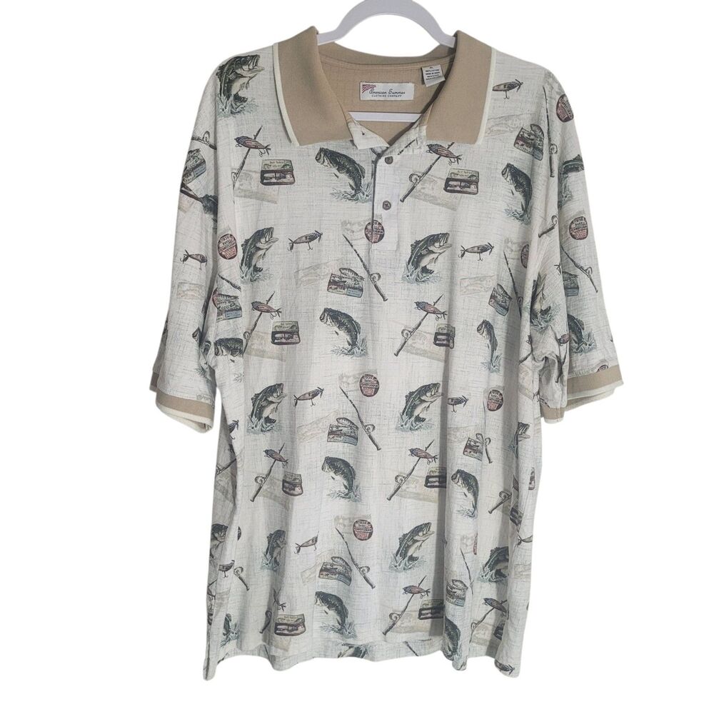 American Summer Novelty Fish Polo Shirt Men's Size XL White Tan Outdoor Preppy